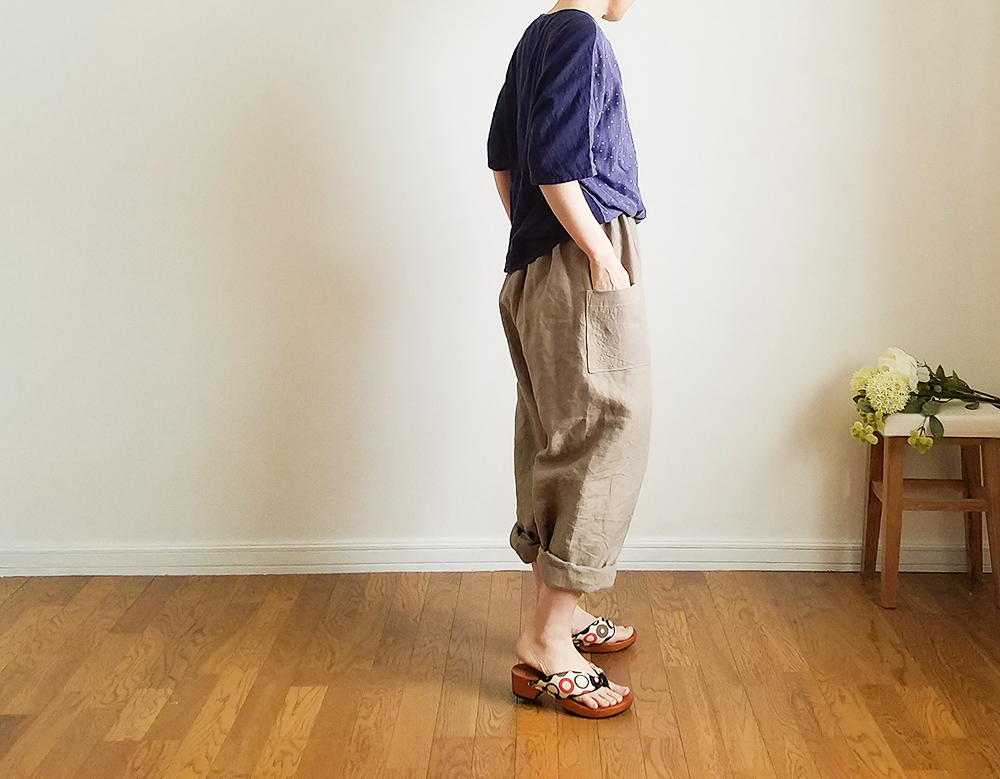 nasuvi＊ハンドメイド＊サフィランフランスリネン スリムもんぺパンツ